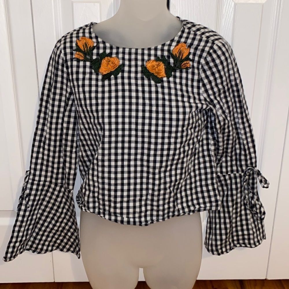 Intu checked plaid gingham Flower Top Shirt Blouse Cottagecore 100% cotton XS